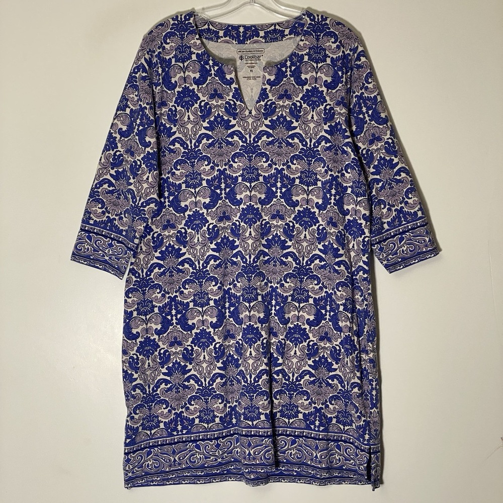 Coolibar Oceanside Tunic Dress Womens XL Blue Floral UPF 50+ Resortwear Cruise
